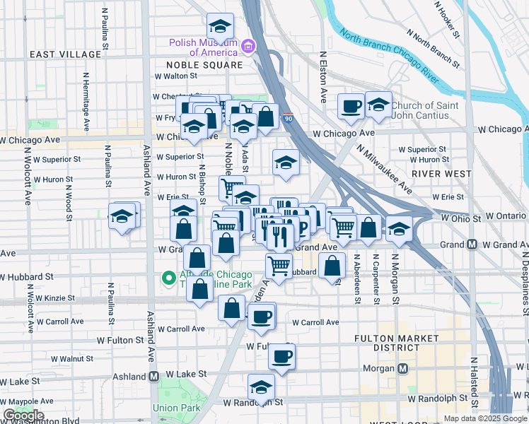 map of restaurants, bars, coffee shops, grocery stores, and more near 525 North Ada Street in Chicago