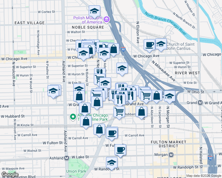 map of restaurants, bars, coffee shops, grocery stores, and more near 525 North Ada Street in Chicago
