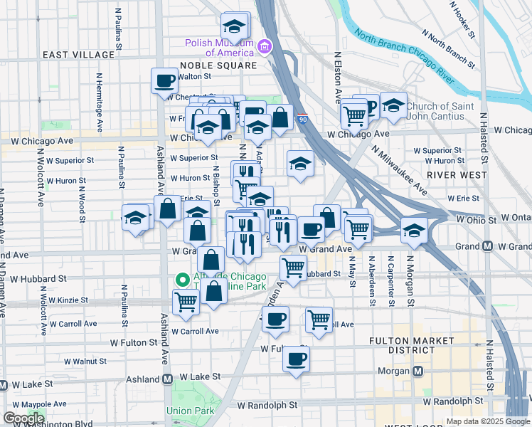 map of restaurants, bars, coffee shops, grocery stores, and more near 528 North Ada Street in Chicago