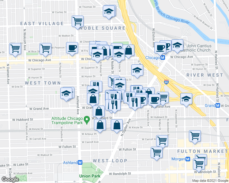 map of restaurants, bars, coffee shops, grocery stores, and more near 528 North Ada Street in Chicago