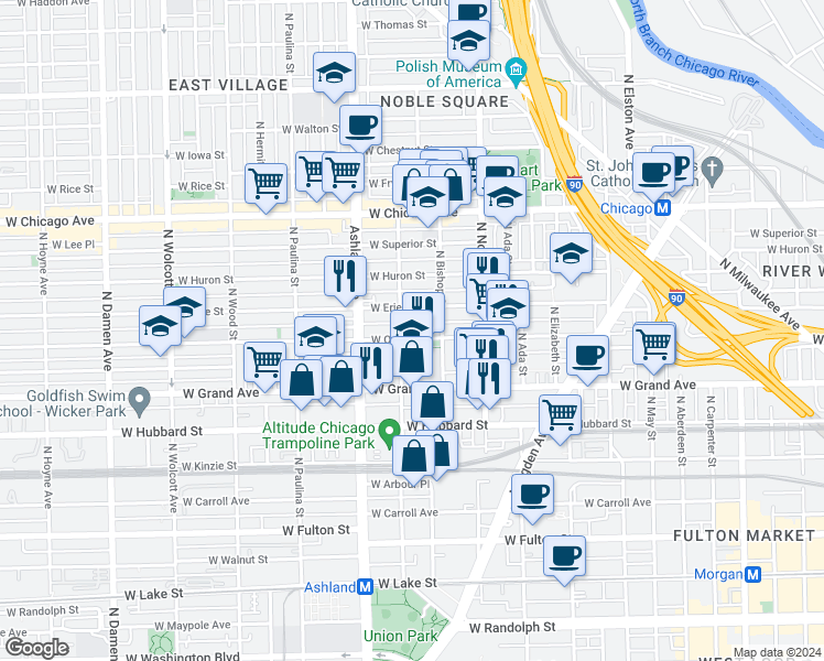 map of restaurants, bars, coffee shops, grocery stores, and more near 1455 West Ohio Street in Chicago
