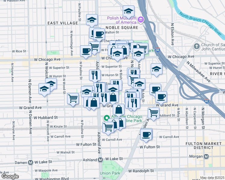 map of restaurants, bars, coffee shops, grocery stores, and more near 1455 West Ohio Street in Chicago