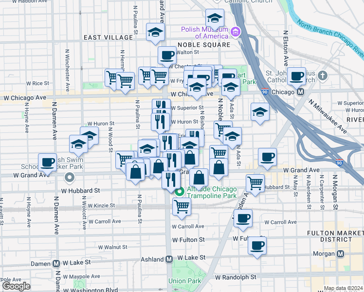 map of restaurants, bars, coffee shops, grocery stores, and more near 530 North Armour Street in Chicago