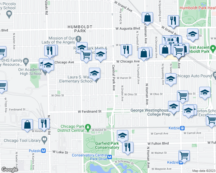 map of restaurants, bars, coffee shops, grocery stores, and more near 605 North Monticello Avenue in Chicago
