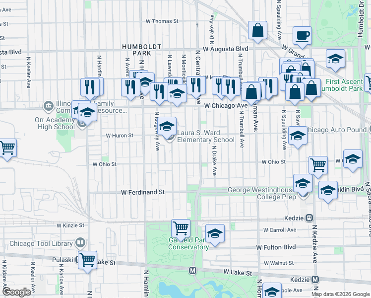 map of restaurants, bars, coffee shops, grocery stores, and more near 605 North Monticello Avenue in Chicago
