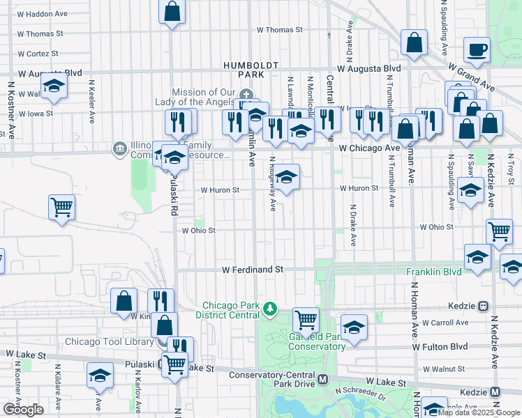 map of restaurants, bars, coffee shops, grocery stores, and more near 602 North Ridgeway Avenue in Chicago