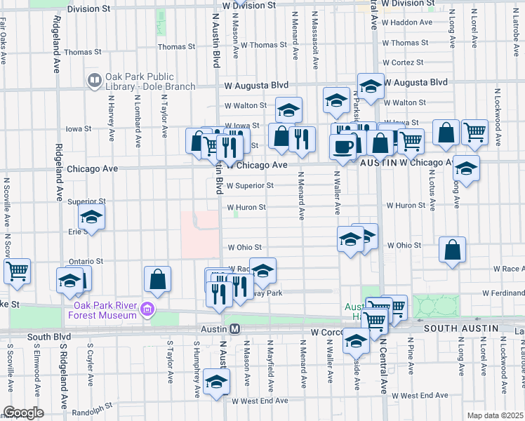 map of restaurants, bars, coffee shops, grocery stores, and more near 5906 West Erie Street in Chicago
