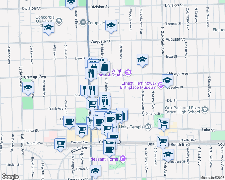 map of restaurants, bars, coffee shops, grocery stores, and more near 1040 Erie Street in Oak Park
