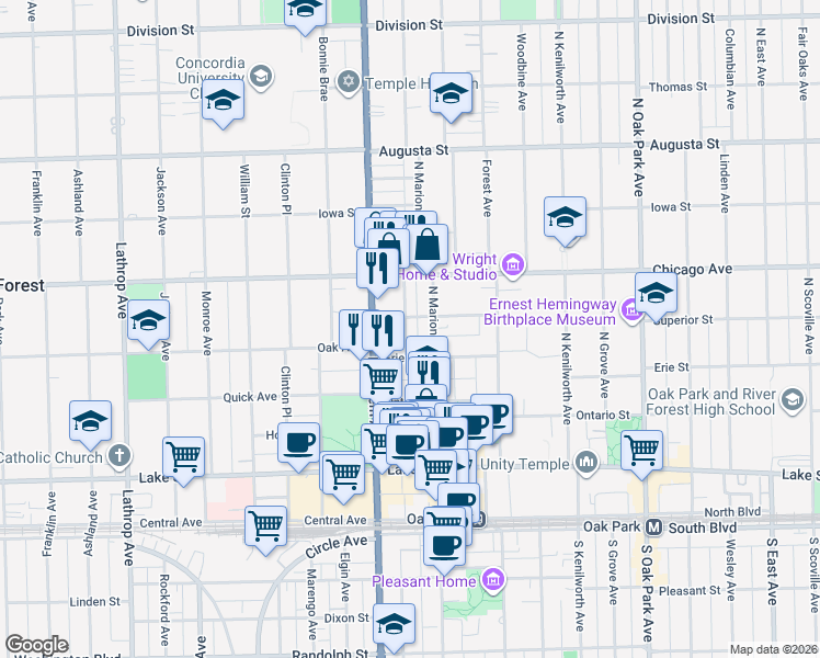 map of restaurants, bars, coffee shops, grocery stores, and more near 303 North Maple Avenue in Oak Park