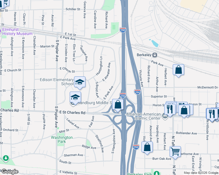 map of restaurants, bars, coffee shops, grocery stores, and more near 549 East Park Avenue in Elmhurst