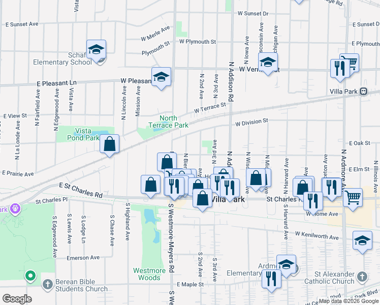 map of restaurants, bars, coffee shops, grocery stores, and more near 124 North 2nd Avenue in Villa Park