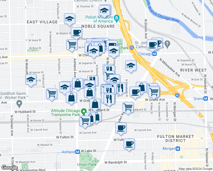 map of restaurants, bars, coffee shops, grocery stores, and more near 1404 West Ohio Street in Chicago