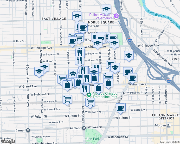 map of restaurants, bars, coffee shops, grocery stores, and more near 530 North Armour Street in Chicago
