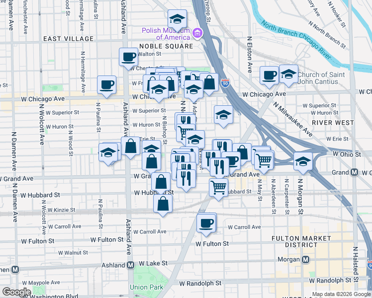 map of restaurants, bars, coffee shops, grocery stores, and more near 528 North Ada Street in Chicago