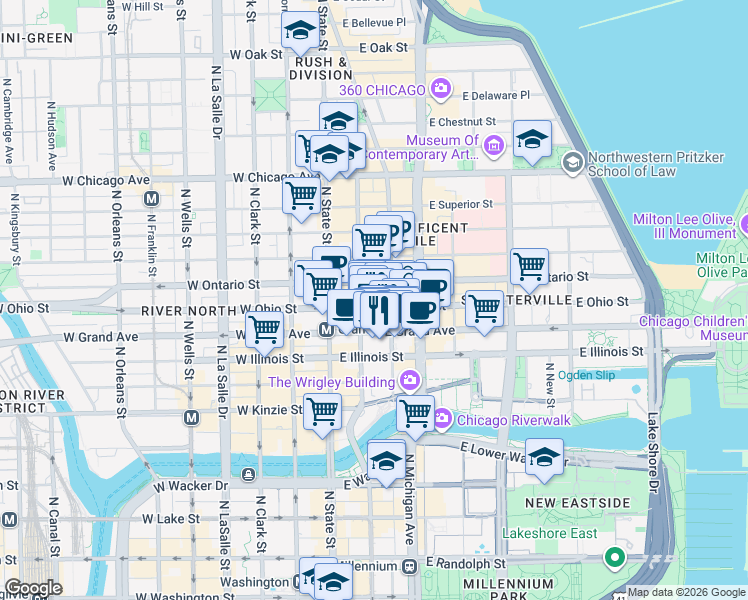 map of restaurants, bars, coffee shops, grocery stores, and more near 520 Lower Michigan Avenue in Chicago