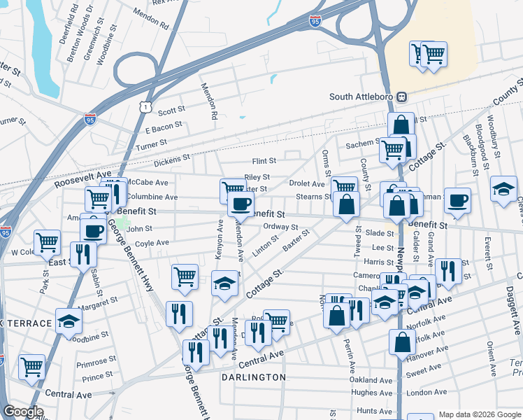 map of restaurants, bars, coffee shops, grocery stores, and more near 200 Benefit Street in Pawtucket