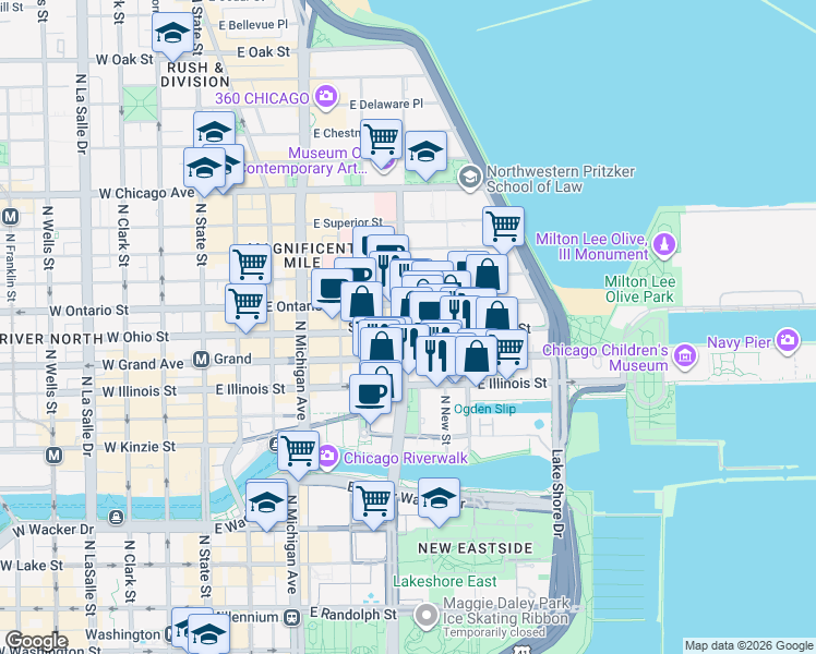 map of restaurants, bars, coffee shops, grocery stores, and more near in Chicago