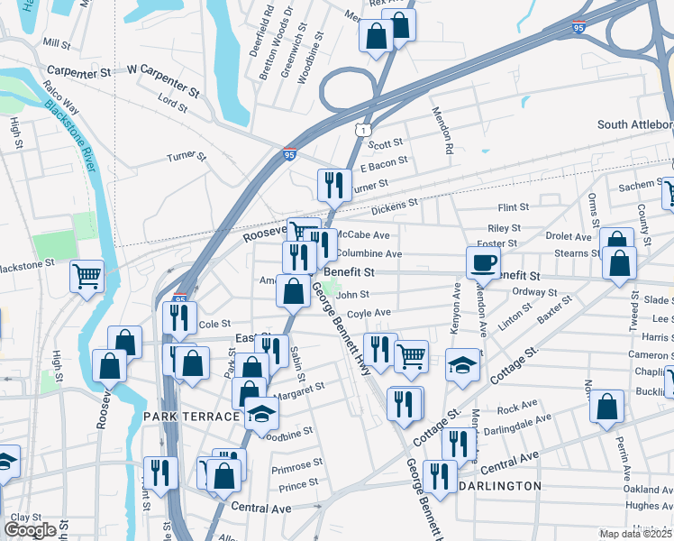 map of restaurants, bars, coffee shops, grocery stores, and more near 28 Benefit Street in Pawtucket