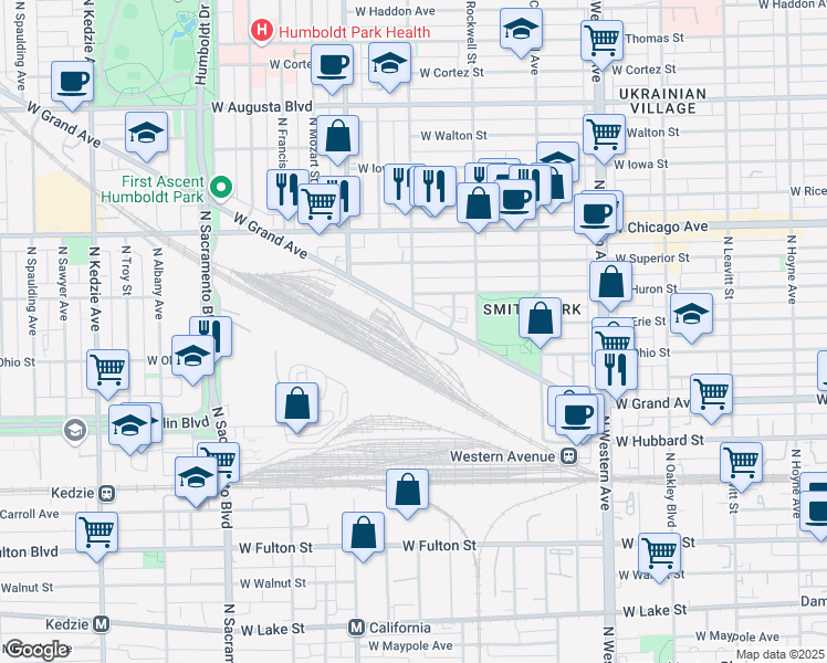map of restaurants, bars, coffee shops, grocery stores, and more near 2639 W Grand Ave in Chicago