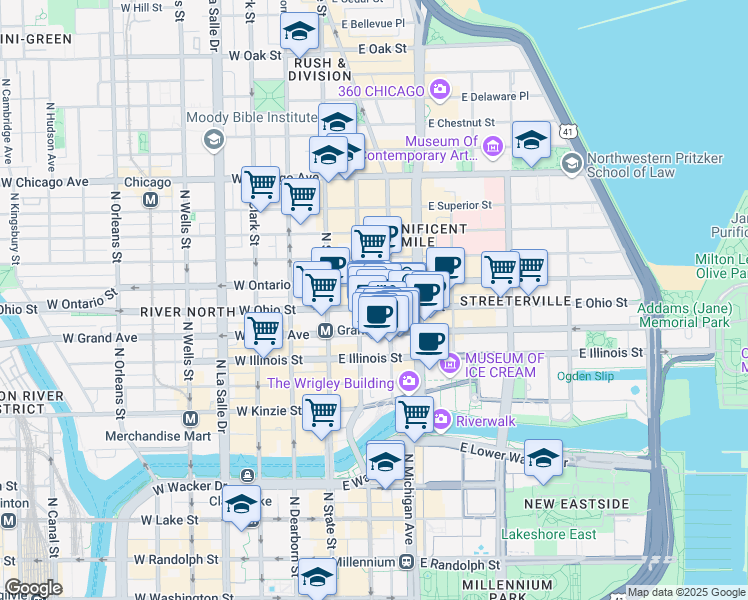 map of restaurants, bars, coffee shops, grocery stores, and more near 50 East Ohio Street in Chicago