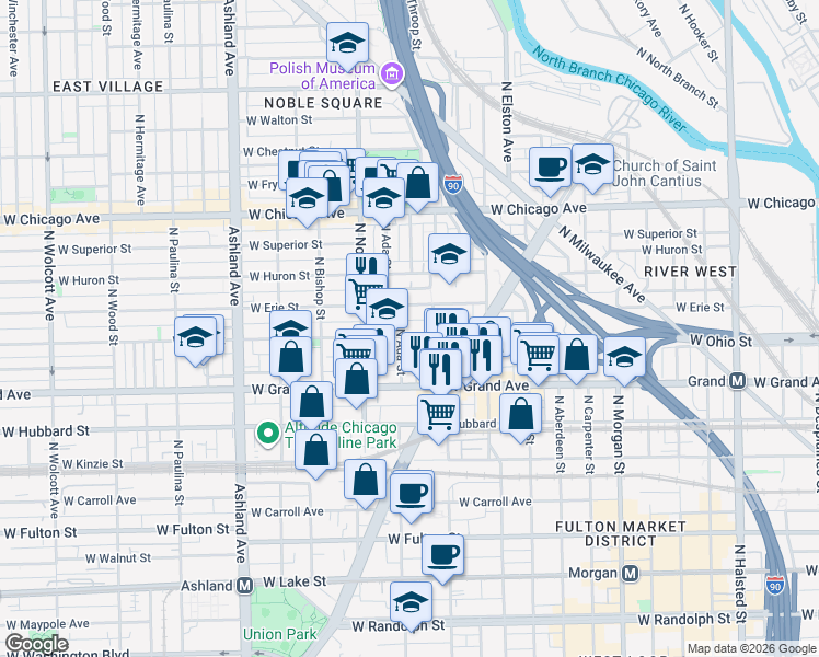 map of restaurants, bars, coffee shops, grocery stores, and more near 525 North Ada Street in Chicago