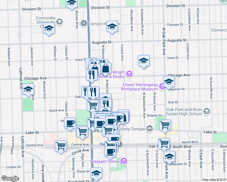 map of restaurants, bars, coffee shops, grocery stores, and more near 1040 Erie Street in Oak Park