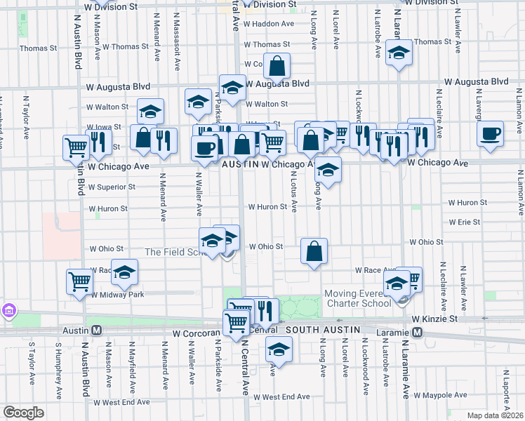 map of restaurants, bars, coffee shops, grocery stores, and more near 715 North Pine Avenue in Chicago