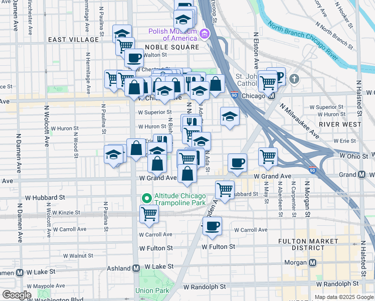 map of restaurants, bars, coffee shops, grocery stores, and more near 1404 West Ohio Street in Chicago