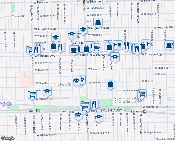 map of restaurants, bars, coffee shops, grocery stores, and more near 655 North Central Avenue in Chicago
