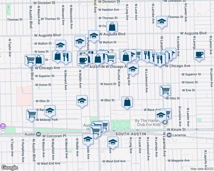 map of restaurants, bars, coffee shops, grocery stores, and more near 654 North Pine Avenue in Chicago