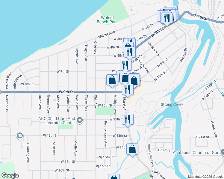 map of restaurants, bars, coffee shops, grocery stores, and more near 820 Pennsylvania Avenue in Ashtabula