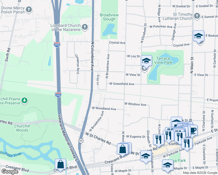 map of restaurants, bars, coffee shops, grocery stores, and more near 231 North Broadview Avenue in Lombard