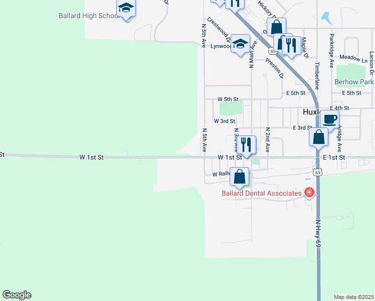 map of restaurants, bars, coffee shops, grocery stores, and more near in Huxley