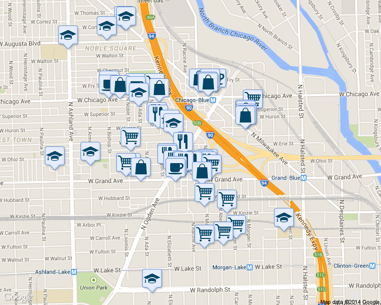 map of restaurants, bars, coffee shops, grocery stores, and more near 1152 West Erie Street in Chicago