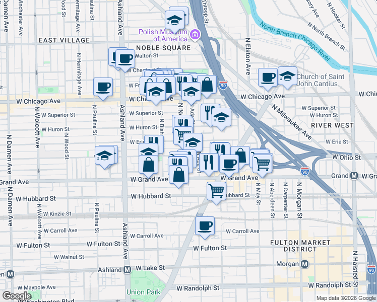 map of restaurants, bars, coffee shops, grocery stores, and more near 1346 West Erie Street in Chicago