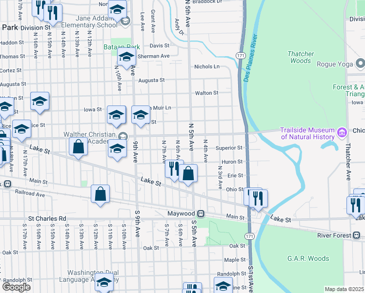 map of restaurants, bars, coffee shops, grocery stores, and more near 603 North 6th Avenue in Maywood
