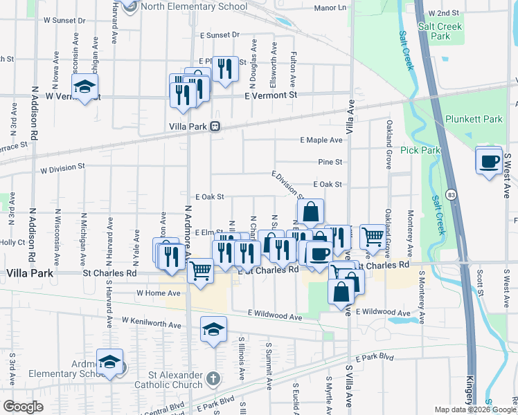 map of restaurants, bars, coffee shops, grocery stores, and more near 129 North Charles Avenue in Villa Park