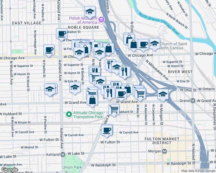 map of restaurants, bars, coffee shops, grocery stores, and more near 1306 West Erie Street in Chicago