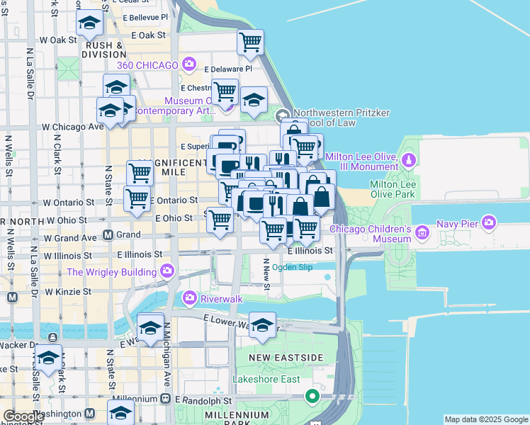 map of restaurants, bars, coffee shops, grocery stores, and more near 342 East Ohio Street in Chicago