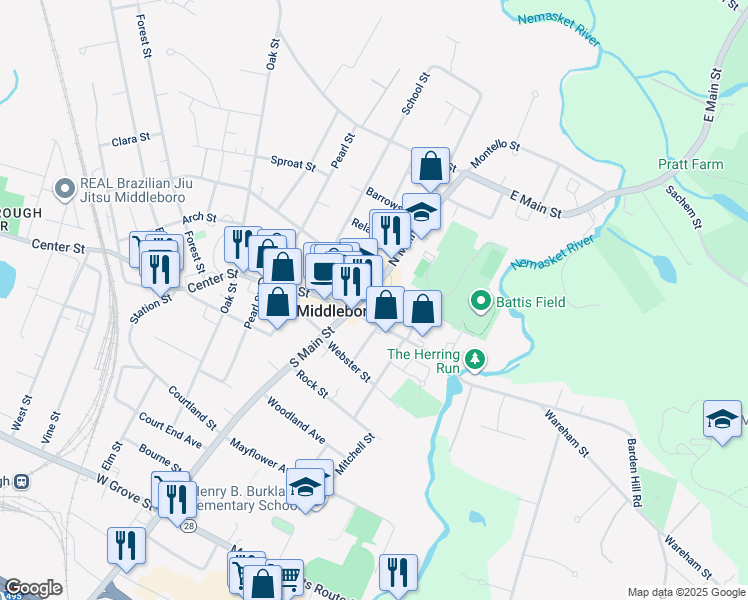 map of restaurants, bars, coffee shops, grocery stores, and more near 102 North Main Street in Middleborough