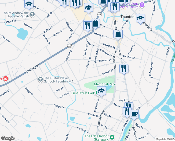 map of restaurants, bars, coffee shops, grocery stores, and more near 34 Clinton Street in Taunton
