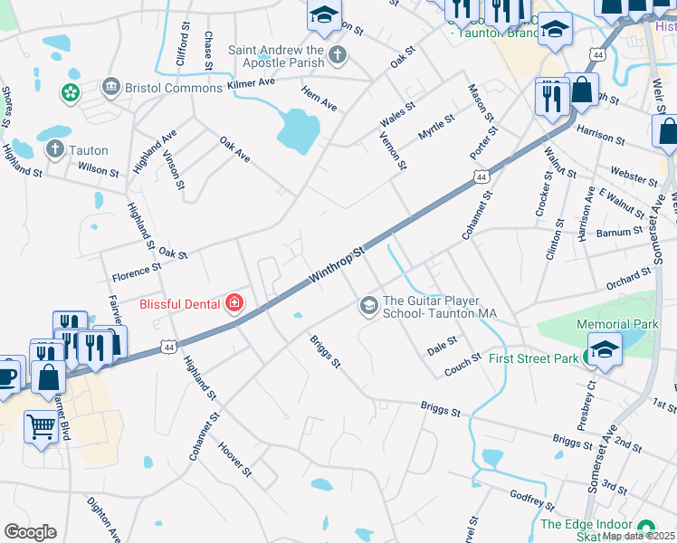 map of restaurants, bars, coffee shops, grocery stores, and more near 176 Winthrop Street in Taunton