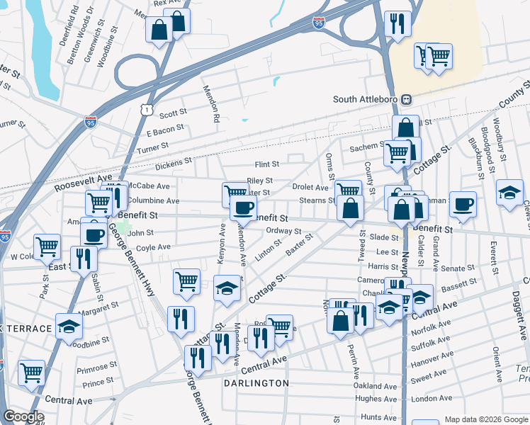 map of restaurants, bars, coffee shops, grocery stores, and more near 314 Kenyon Avenue in Pawtucket