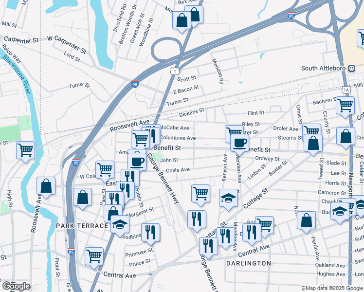 map of restaurants, bars, coffee shops, grocery stores, and more near 82 Columbine Avenue in Pawtucket