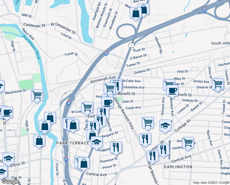 map of restaurants, bars, coffee shops, grocery stores, and more near 777 Broadway in Pawtucket