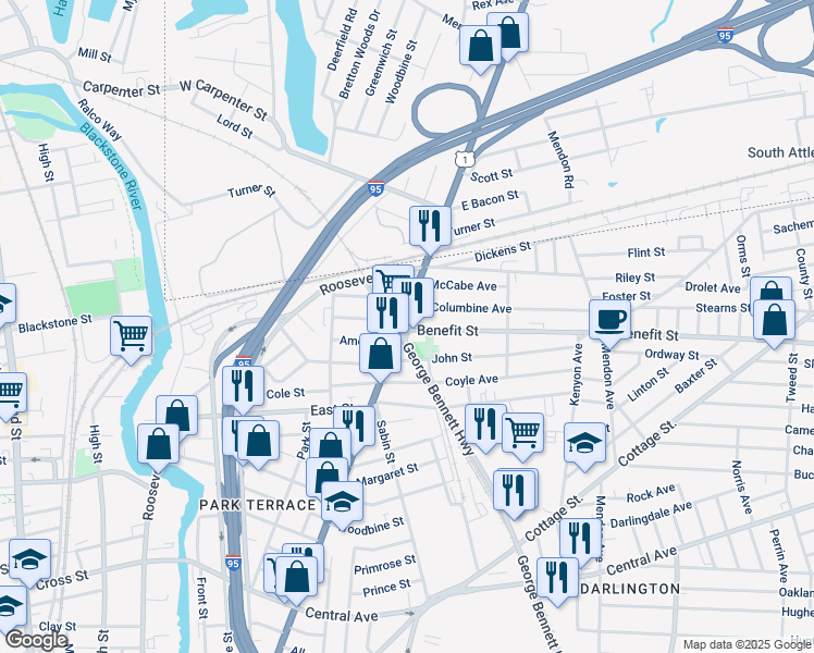 map of restaurants, bars, coffee shops, grocery stores, and more near 777 Broadway in Pawtucket
