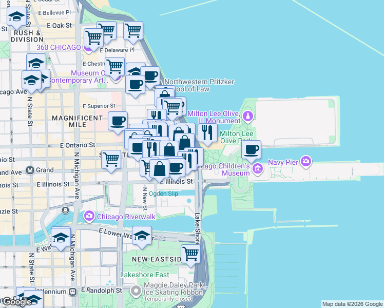 map of restaurants, bars, coffee shops, grocery stores, and more near 600 North Lake Shore Drive in Chicago