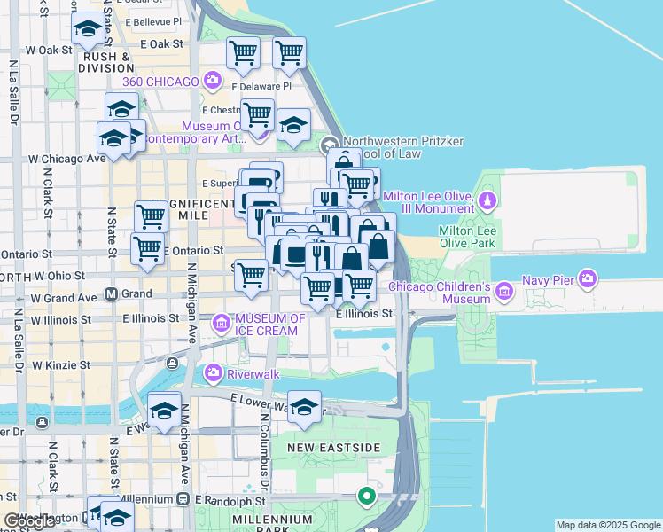 map of restaurants, bars, coffee shops, grocery stores, and more near 355 East Ontario Street in Chicago