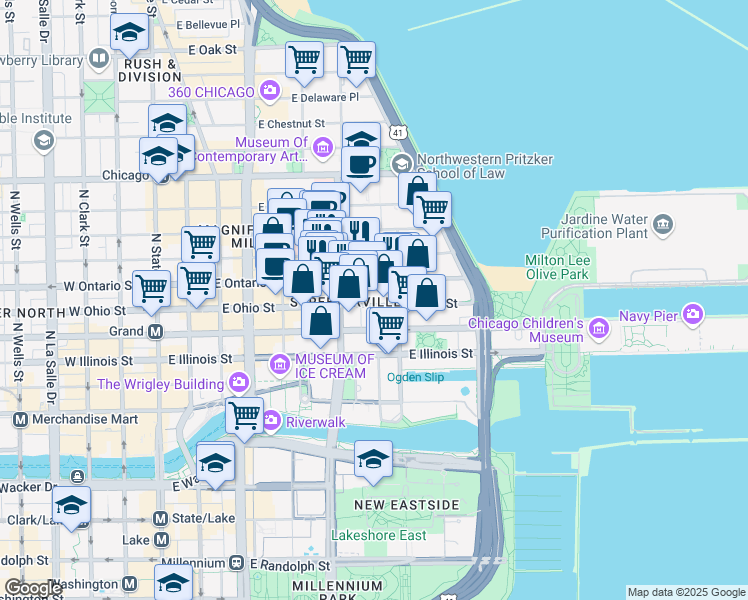 map of restaurants, bars, coffee shops, grocery stores, and more near 328 East Ontario Street in Chicago