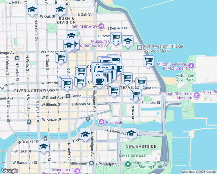 map of restaurants, bars, coffee shops, grocery stores, and more near 614 North Saint Clair Street in Chicago